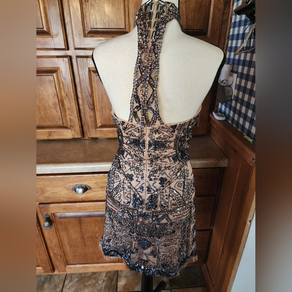 Sherri Hill Nude and Black Beaded Halter Prom Dress - Picture 15 of 16